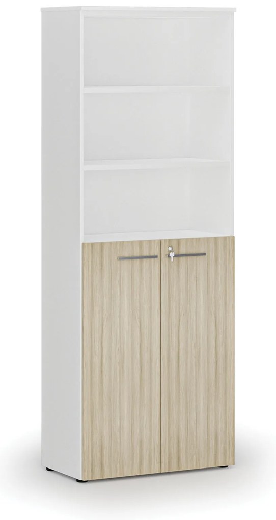Kombinovaná kancelárska skriňa PRIMO WHITE, dvere na 3 poschodia, 800 x 420 x 2128 mm, biela/dub prírodná