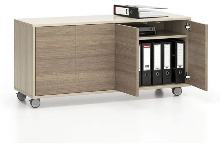 Pojazdná skrinka na kolieskach s dverami LAYERS, dlhá, 1200 x 400 x 575 mm, dub prírodný / dub morený