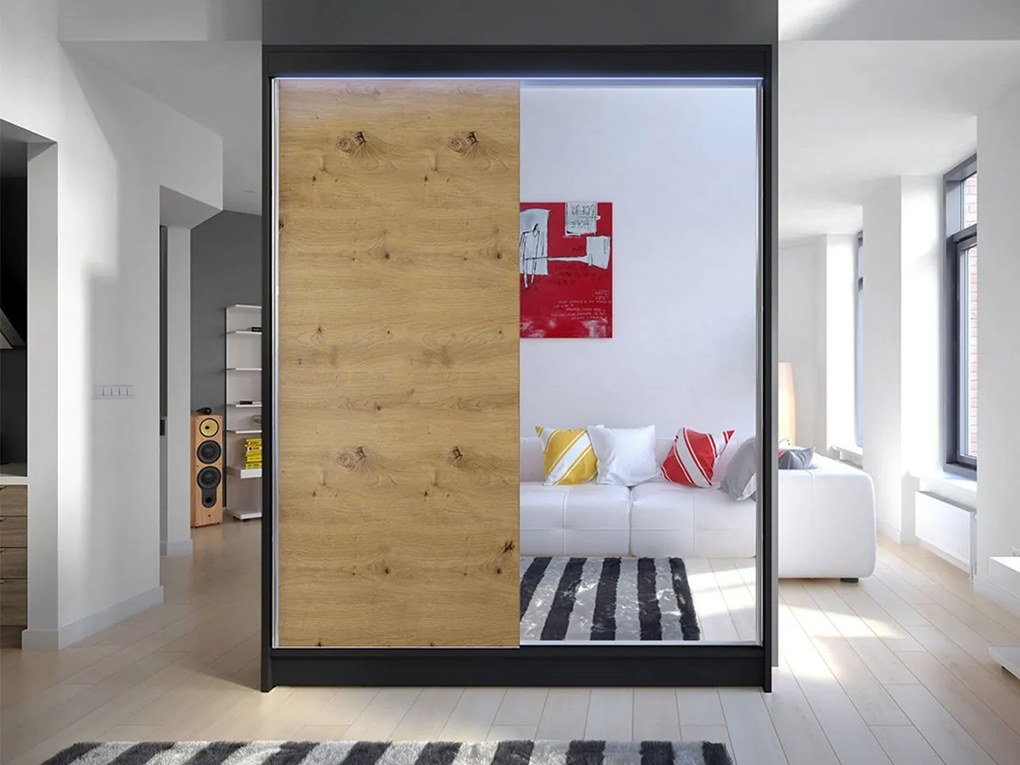 Skriňa s posuvnými dverami Belgia I, Farby: biely / dub artisan, Osvetlenie: osvetlenie LED RGB - farebné