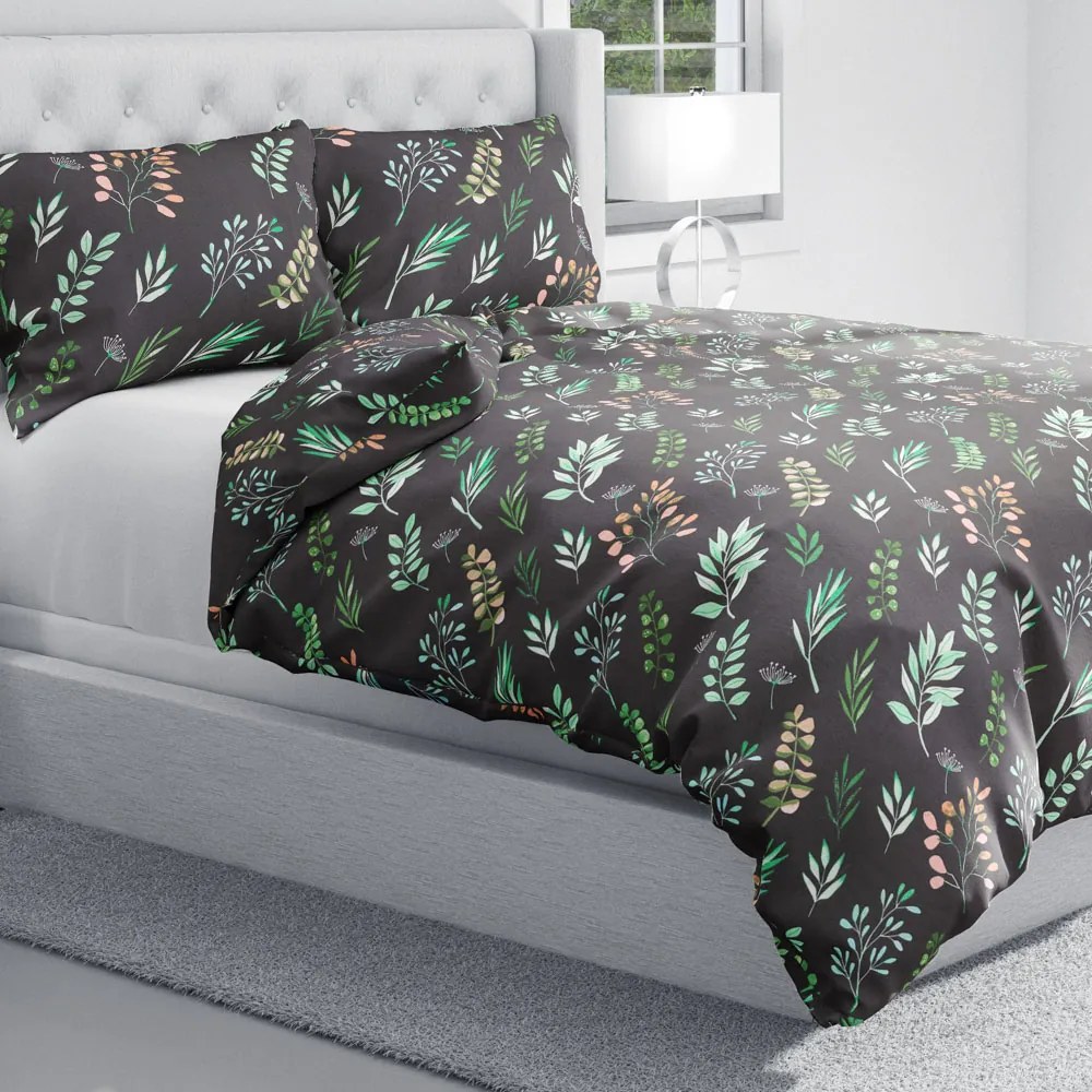 Biante Bavlnené posteľné obliečky Sandra SA-556 Vetvičky s lístkami na čiernom Predĺžené 140x220 a 70x90 cm
