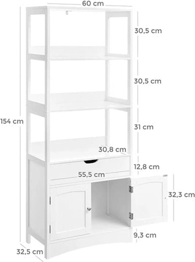 Kúpeľňová skrinka, vysoká skrinka s 3 otvorenými policami, biela farba