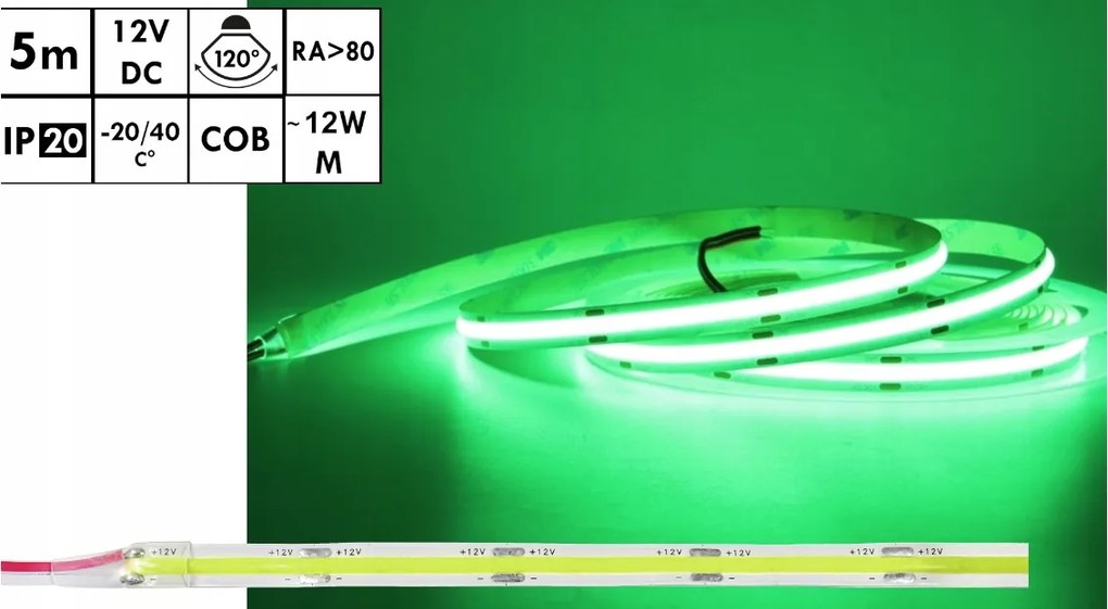 BERGE LED pásik NEON COB homogénny - 12V - 5 m - zelený