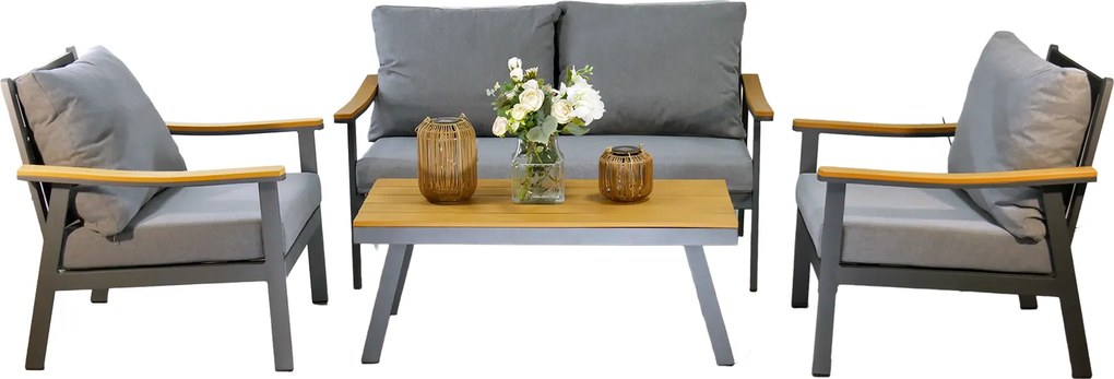 Garden Line LUBLANA HLINÍKOVÁ SÚPRAVA NÁBYTKU (SOFA + 2 KRESLÁ + STÔL) ŠEDÁ + ŠEDÉ VANKÚŠE *9545