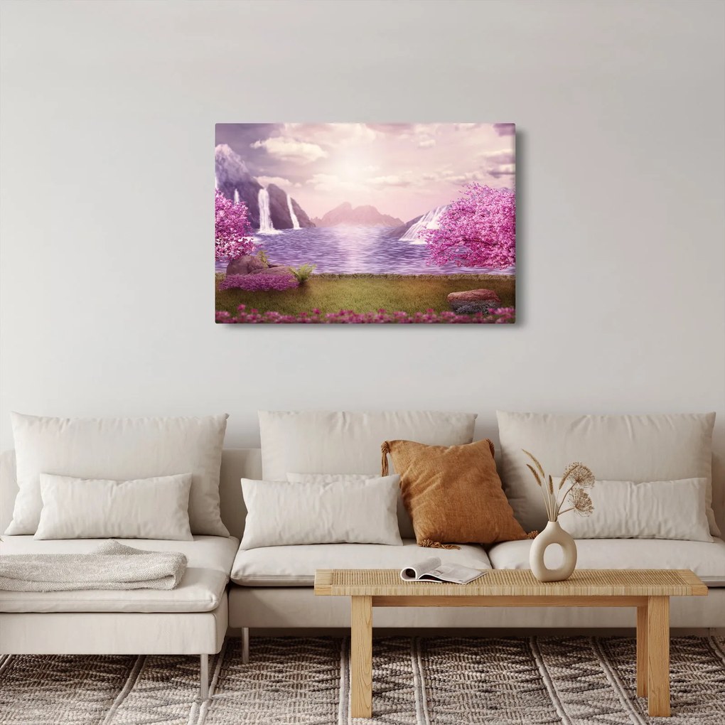 Obraz ružových stromov s jazerom (90x60 cm)