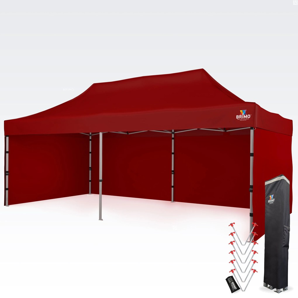 BRIMO Nožnicový párty stan PREMIUM ALU 4x8 m s 3 stenami červený