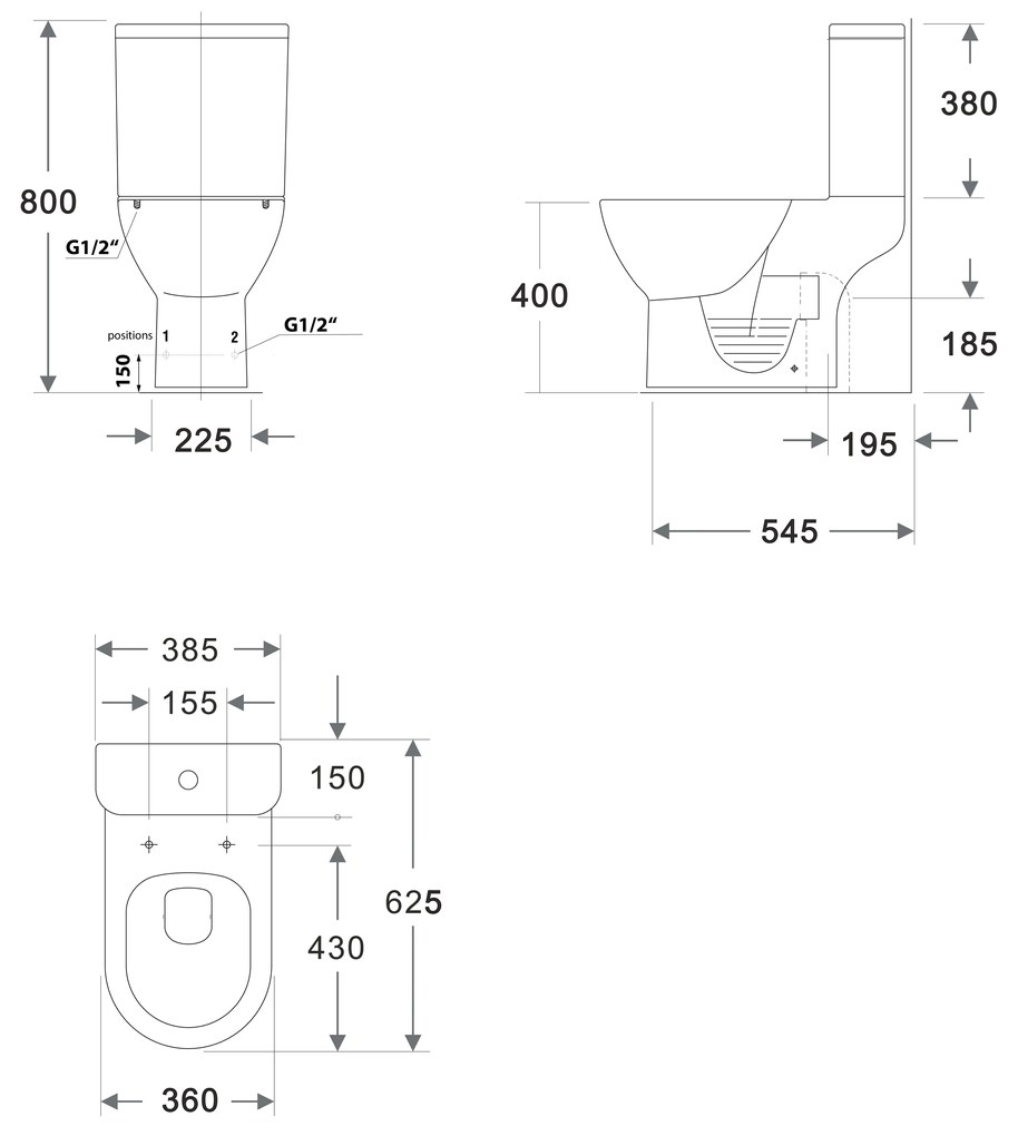 Bruckner, DARIO RIMLESS WC kombi misa s nádržkou, spodný/zadný odpad + sedátko, biela, 201.431.4