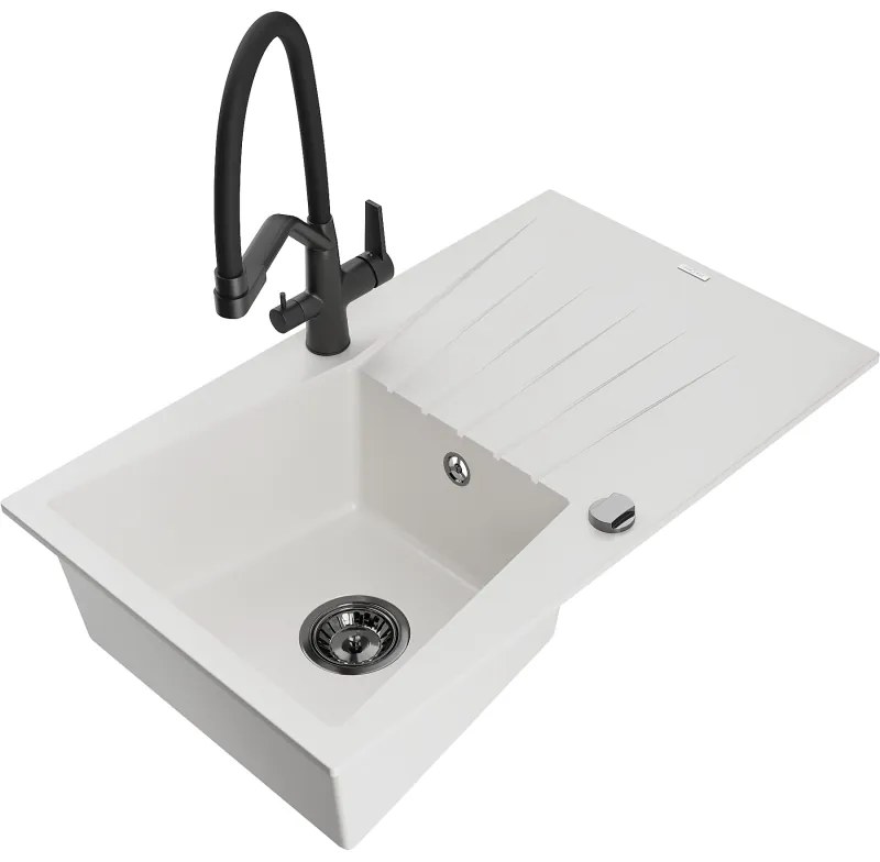 Mexen Cesar, 1-komorový granitový drez 775x470x190 mm a drezová batéria Duo, biela, 6514-20-671701-70-B