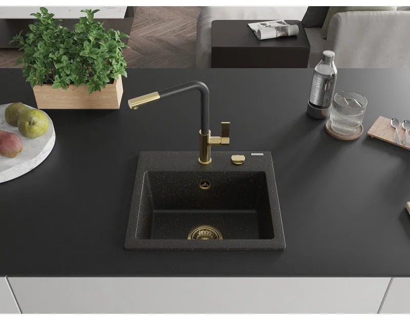Mexen Milo, 1-komorový granitový drez 435x410x171 mm a drezová batéria Flora, čierna-zlatá metalíza, 6505-75-670401-57-G