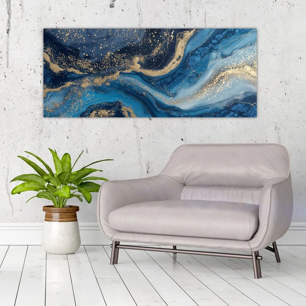 Obraz - Modrozlatý abstraktný mramor (120x50 cm)