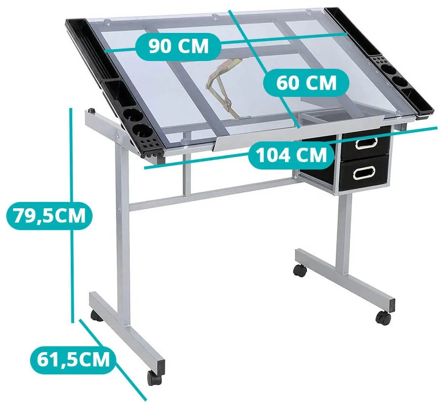 Rysovací stôl so sklopnou sklenenou doskou