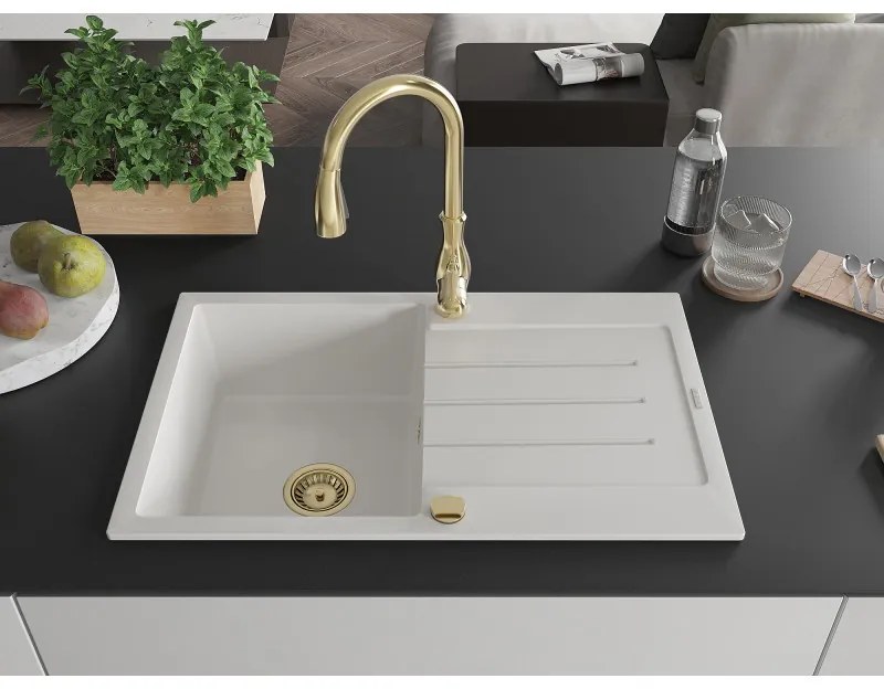 Mexen Bruno, 1-komorový granitový drez 795x495x200 mm a drezová batéria Savita, biela, 6513-20-672601-50