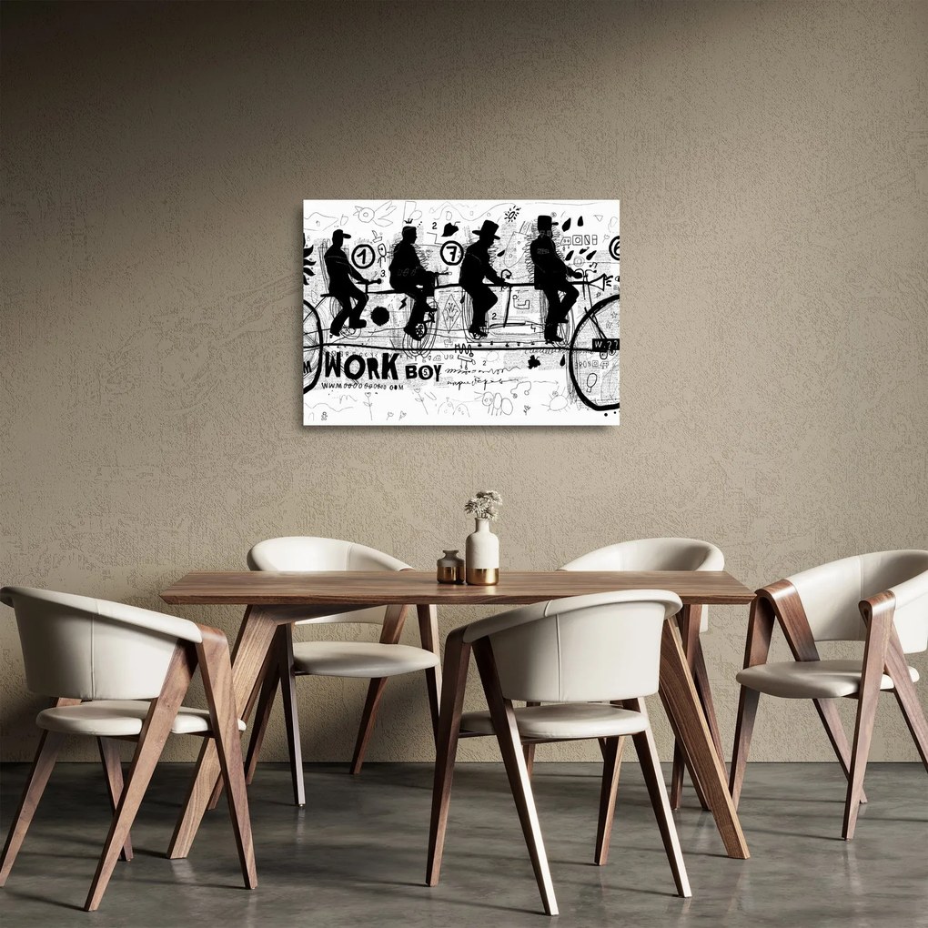Sklenený obraz - Tímová práca, jazda na bicykli (70x50 cm)