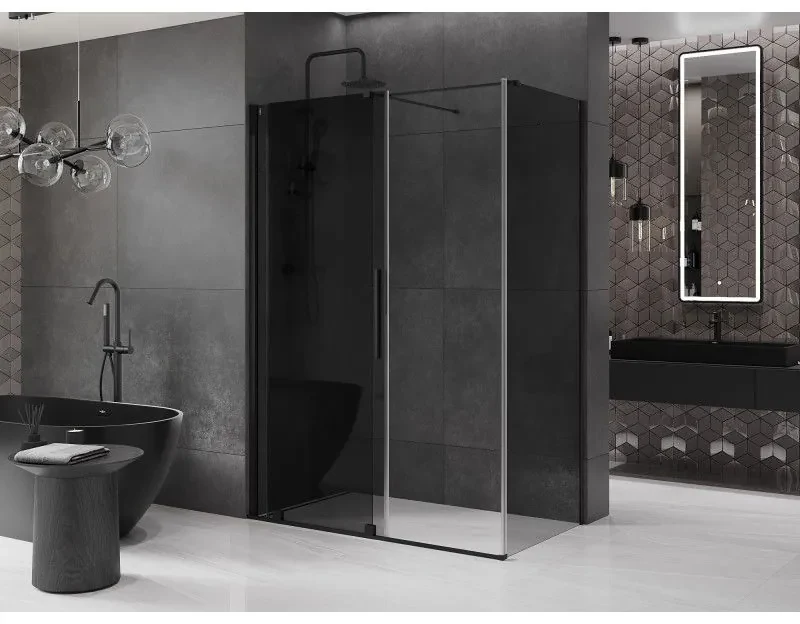 Mexen Velar, sprchový kút s posuvnými dverami 150 x 80 cm, 8mm šedé sklo, čierna matná, 871-150-080-41-70