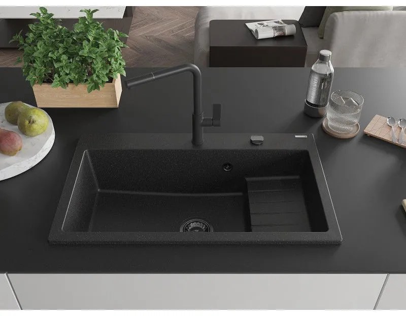 Mexen Omar, 1-komorový granitový drez 800x480x210 mm, čierna-strieborná metalíza, grafitový sifón, 6520801005-73-B