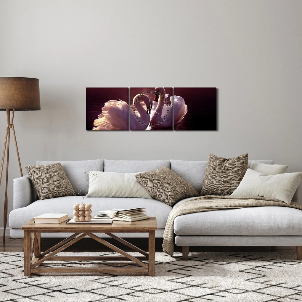 Obraz - Labute na jazere (s hodinami) (90x30 cm)