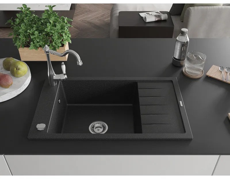Mexen Elias, granitový drez 795x480x200 mm, 1-komorový a drezová batéria Carla, čierna-strieborná metalíza, 6511-73-670700-00