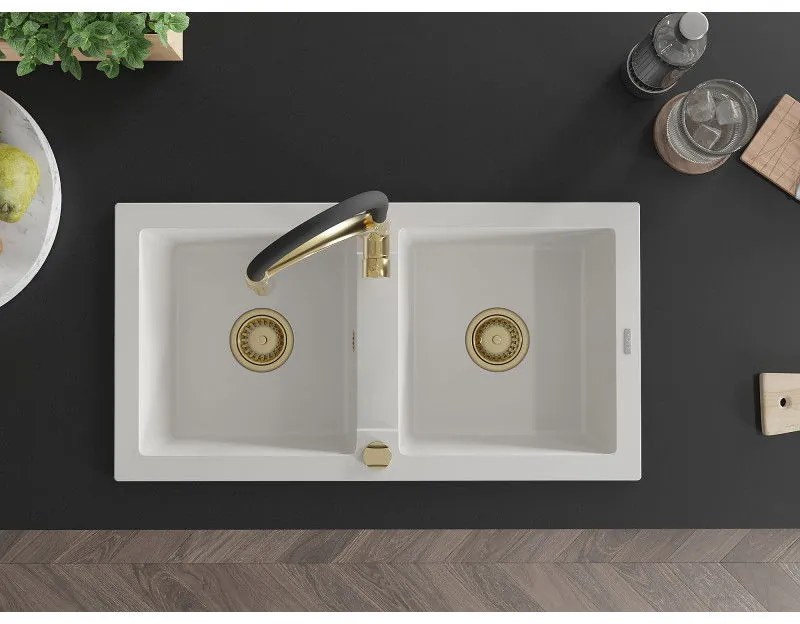 Mexen Mario, granitový drez 820x436x161 mm, 2-komorový a drezová batéria Aster, biela, 6504-20-73450-57-G
