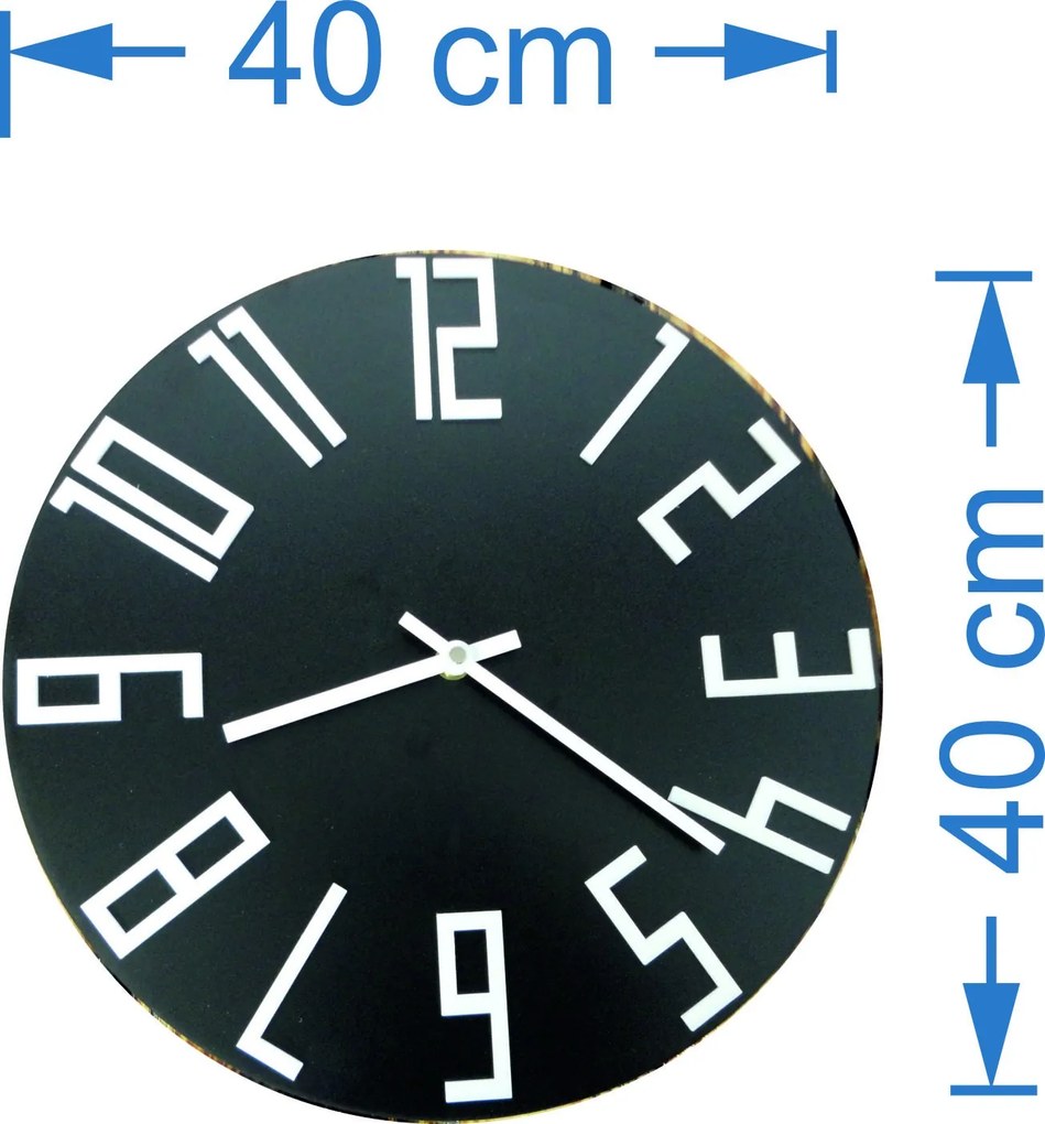 Moderné čierne drevené nástenné hodiny s bielymi číslami - HRNO: Čierne ručičky HDF - čierna 30 cm 3414-21336 HDFK008- balk white HEU+