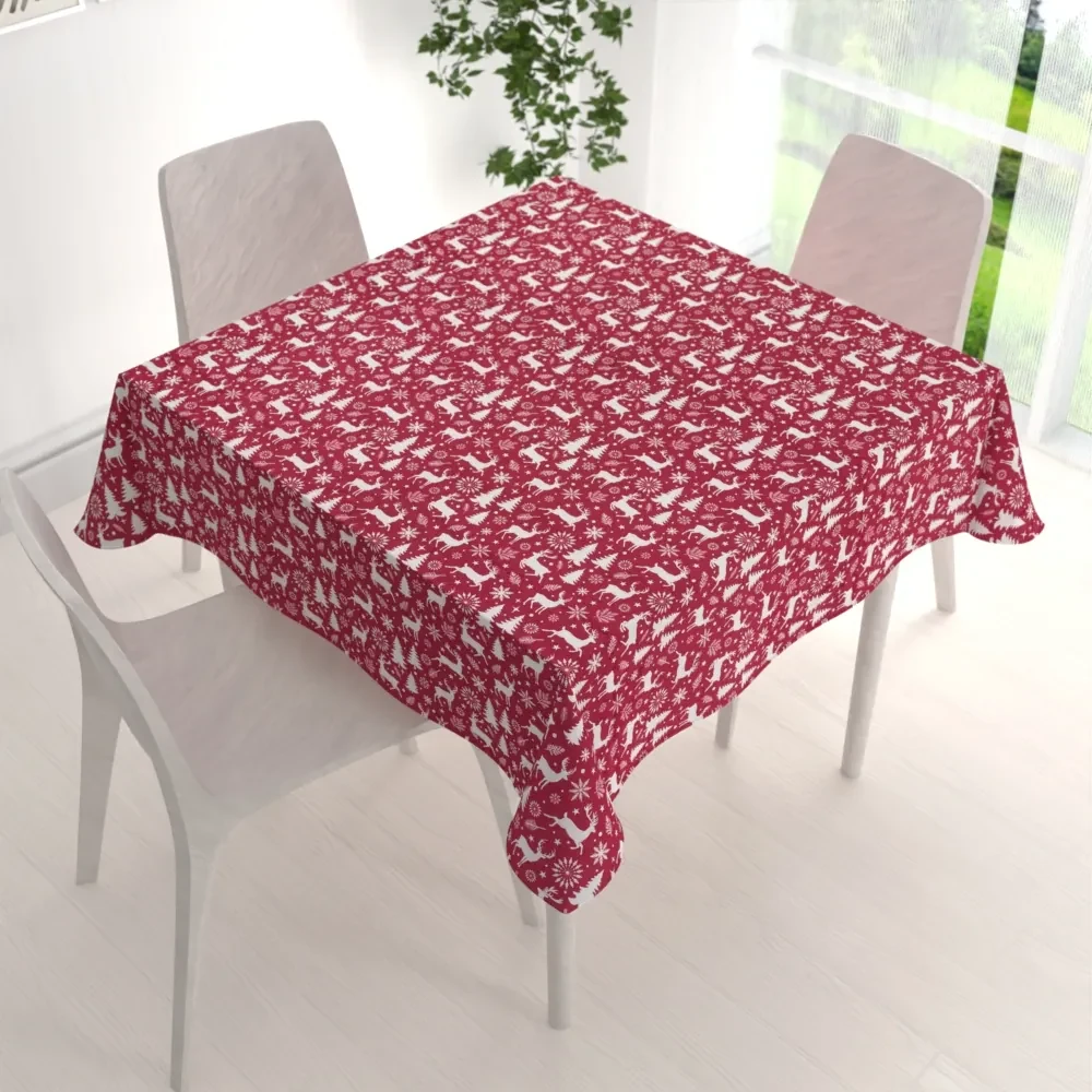 Biante Zamatový štvorcový obrus Tamara TMR-045 Vianočné jelene a stromčeky na červenom 100x100 cm