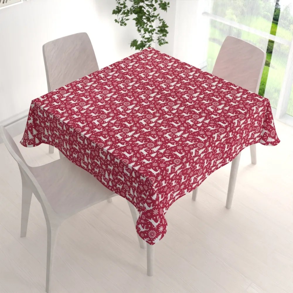 Biante Zamatový štvorcový obrus Tamara TMR-045 Vianočné jelene a stromčeky na červenom 80x80 cm