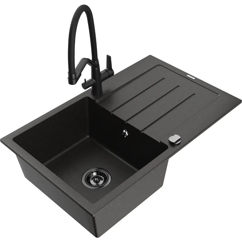 Mexen Bruno, 1-komorový granitový drez 795x495x200 mm a drezová batéria Duo, čierna-zlatá metalíza, 6513-75-671701-70-B