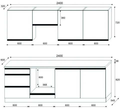 Kuchynská linka MARINA 240 cm dub craft/lesklá čierna