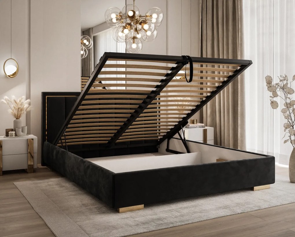 ČALÚNENÁ POSTEĽ MIRABELA 120x200 ČIERNA ZAMATOVÁ LÁTKA JASMINE 100 S ROŠTOM