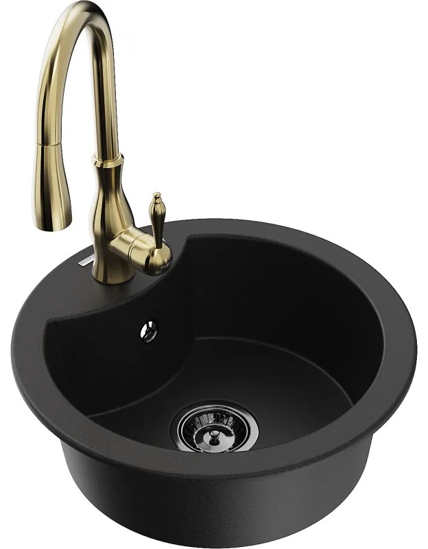 Mexen Diego, 1-komorový granitový drez 488x488x167 mm a drezová batéria Savita, čierna, 6512-77-672601-50-B