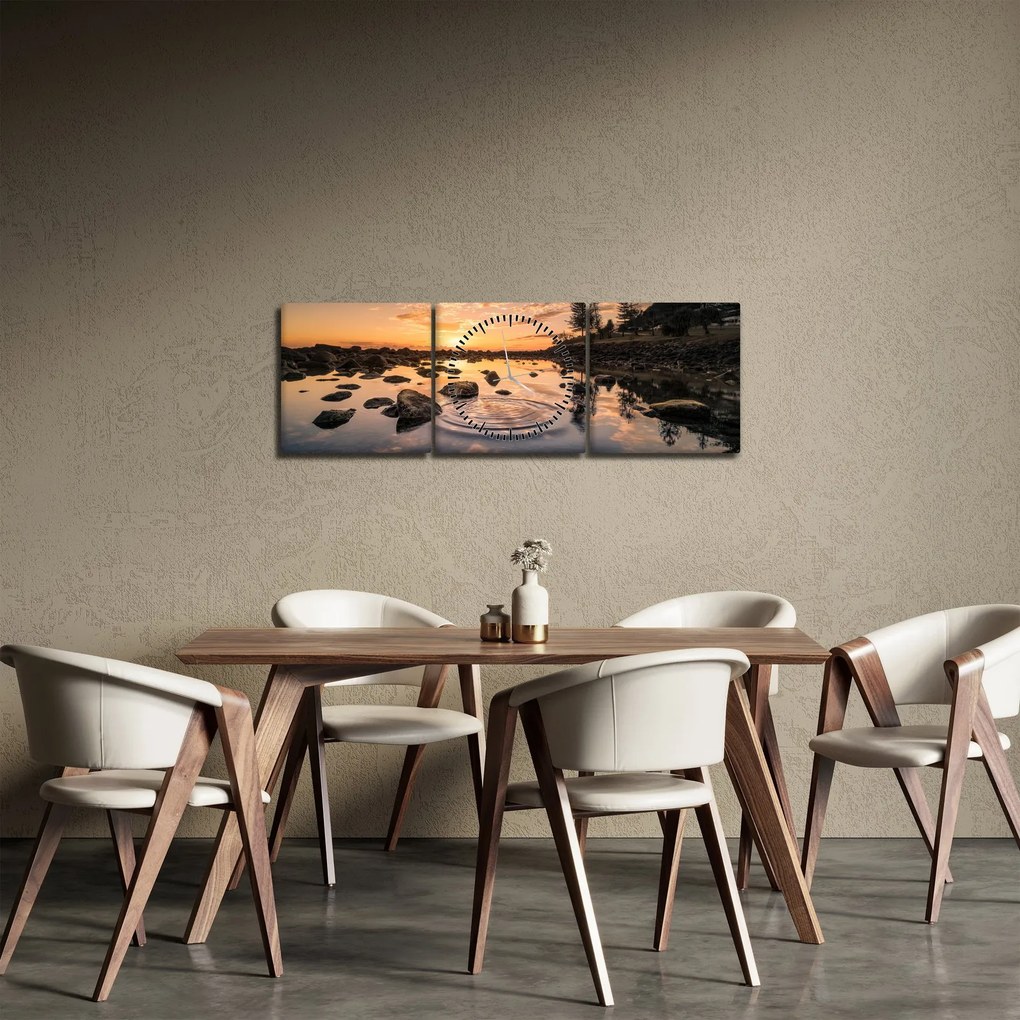 Obraz vodnej hladiny pri západe slnka (s hodinami) (90x30 cm)