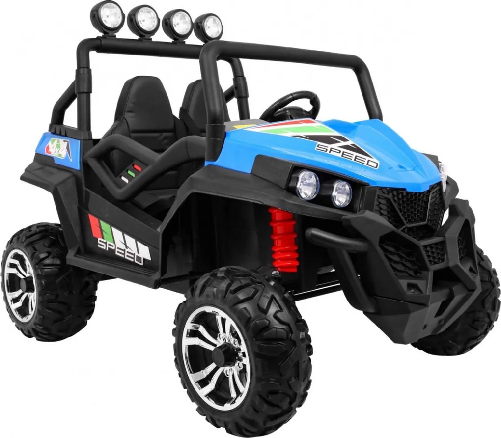 Ramiz Terénna bugina pre deti modrá + pohon 4x4 + diaľkové ovládanie + nosič batožiny + rádio MP3 + LED