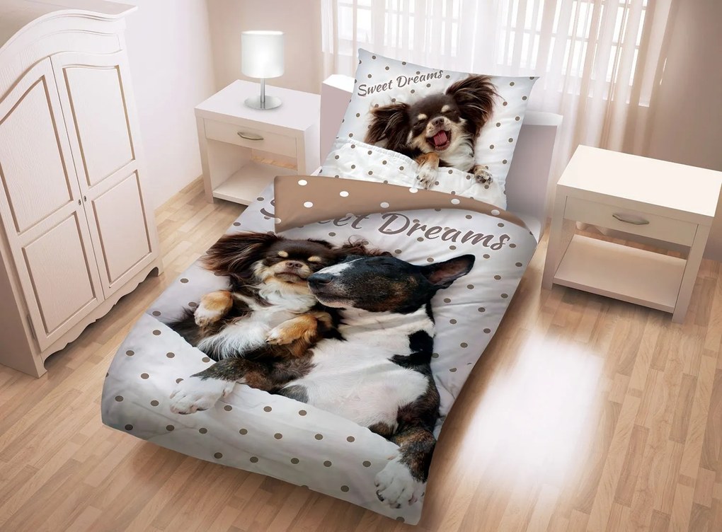 Bavlnené posteľné obliečky psíkovia Papillon a Bulteriér - 100% bavlna - 70 x 90 cm + 140 x 200 cm