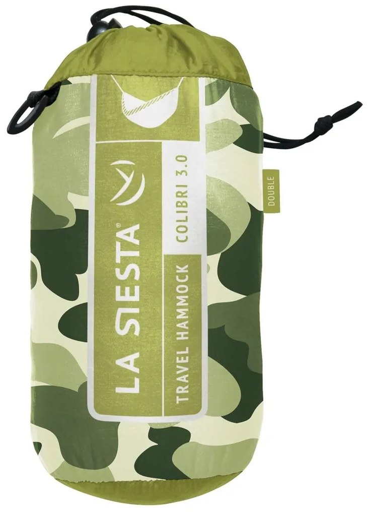 La Siesta Cestovná hojdacia sieť COLIBRI 3.0 CAMO DOUBLE - forest, 100% polyamid / laná: 100% polyester / hák: letecký hliník