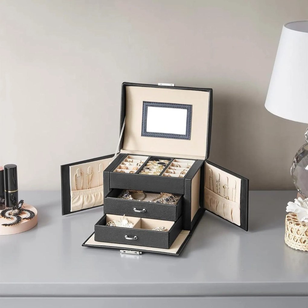 Šperkovnica 3-úrovňová, 2 zásuvky, s cestovným puzdrom, čierna