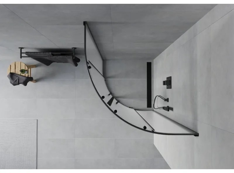 Mexen Rio, štvrťkruhový sprchovací kút s posuvnými dverami 70(dvere) x 70(dvere) x 190 cm, 6mm sklo námraza, čierny profil, 863-070-070-70-30