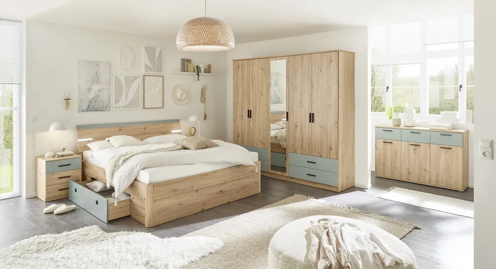 Posteľ s nočnými stolíkmi Savina 180x200 cm, dub artisan/šalviová, s osvetlením