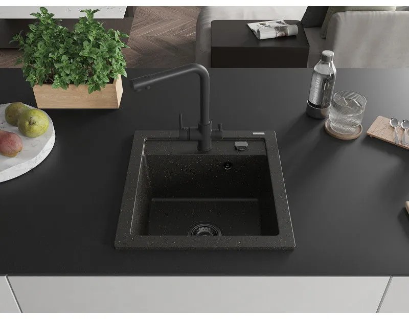 Mexen Vito, 1-komorový granitový drez 520x490x210 mm, čierna matná batéria Duero, čierna - zlatá metalíza, 6503-75-671600-70-B