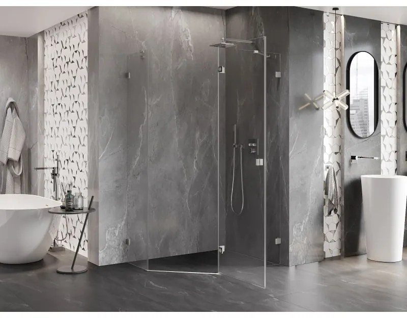 Mexen Lunar, pravý výklopný päťuholníkový sprchový kút 90 x 80 cm, 8mm číre sklo, oceľový profil, 831-090P-080L-97-00-P