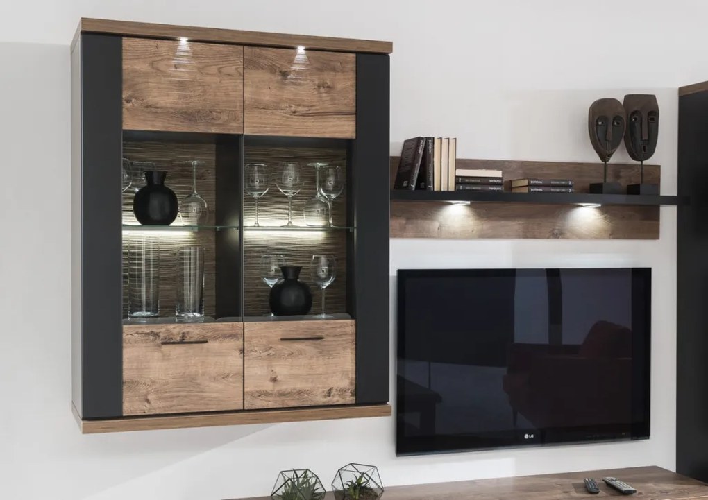 Široká nástenná vitrína Boston, čierna/dub ribbeck, s osvetlením