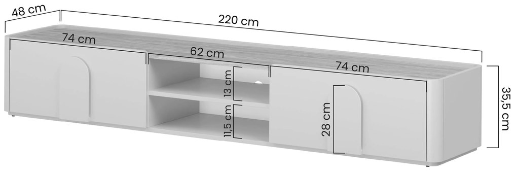 TV stolík Amilio 220 cm so zásuvkou - kašmír / olejovaný dub / úchytky svetlý dub