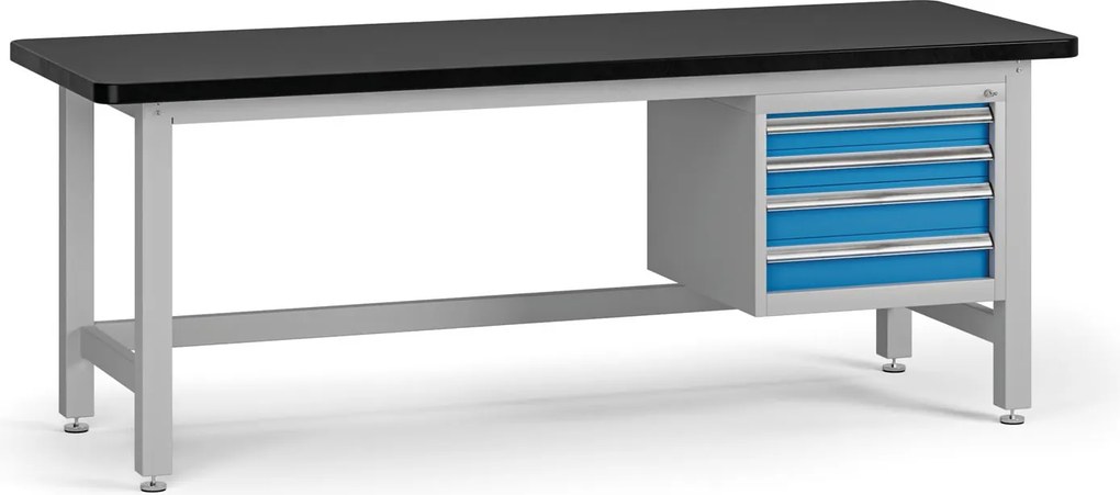 Pracovný stôl do dielne G4 so závesným boxom na náradie, MDF + PVC doska, 4 zásuvky, 2100 x 750 x 800 mm, modrá