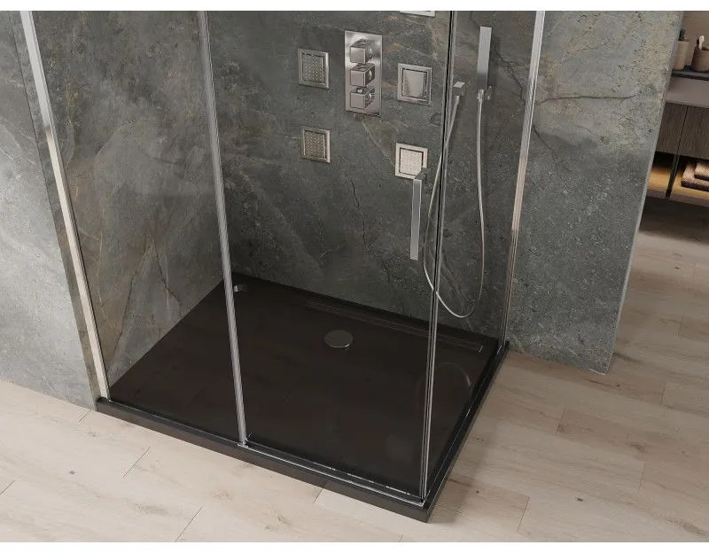 Mexen Omega, sprchový kút s posuvnými dverami 100 (dvere) x 80 (stena) cm, 8mm číre sklo, chrómový profil + slim sprchová vanička čierna + chrómový sifón, 825-100-080-01-00-4070