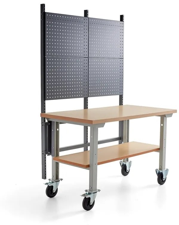 Mobilný dielenský stôl ROBUST, s panelom na náradie a spodnou policou, 1500x800 mm, tvrdená doska