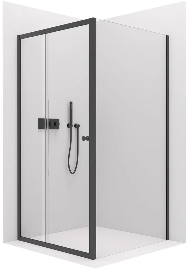 Cerano Varone, sprchovací kút s posuvnými dverami 140(dvere) x 100 (stena) x 195 cm, 6mm číre sklo, čierny profil, CER-CER-DY505B-140100
