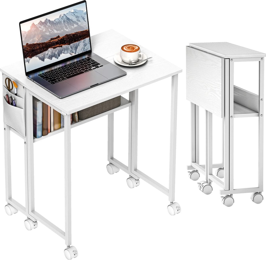 HOMCOM Folding Small Desk 63 cm | Space-Saving Rolling Computer Desk with Shelf & Side Pocket, White | Aosom