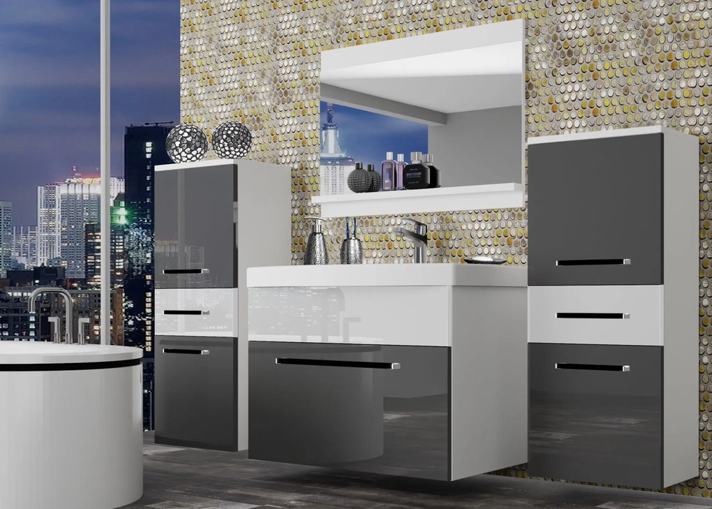 Kúpeľňový nábytok Belini šedý lesk / biely lesk + umývadlo + zrkadlo ROD P 4/0/W/SW/0/ZW