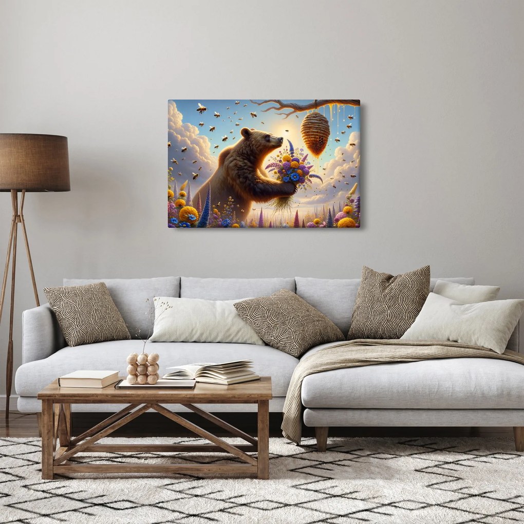 Obraz - Medveď a včielky (90x60 cm)