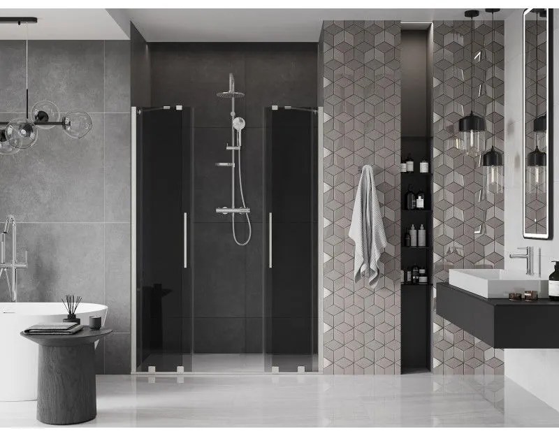 Mexen Velar Duo, posuvné sprchové dvere do otvoru 160 cm, 8mm šedé sklo, brúsená oceľ, 871-160-000-42-97