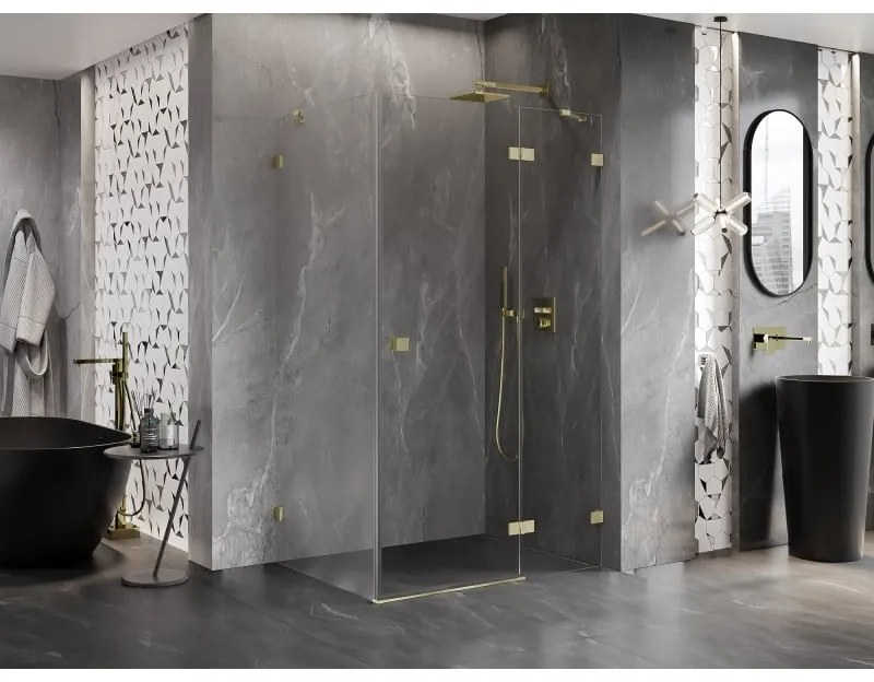 Mexen Lunar, pravostranný výklopný sprchový kút 95 x 90 cm, 8mm číre sklo, zlatý kartáčovaný - 834-095-090-55-00-P