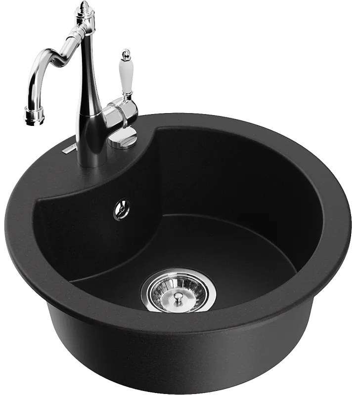 Mexen Diego, granitový drez 488x488x167 mm, 1-komorový a drezová batéria Carla, čierna, 6512-77-670700-00
