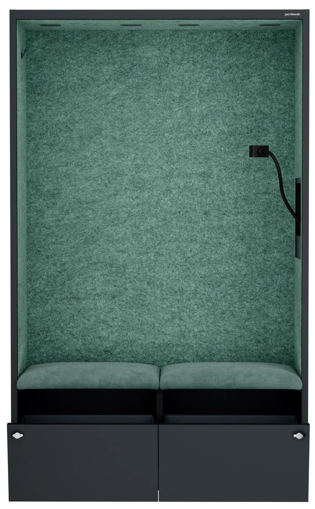 Kancelárska akustická kabína so sedadlom a portom USB-C, telo v antracitovej farbe / sedadlo v zelenej farbe, 1150 mm: SALLY MentalBox
